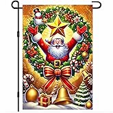 BlissYard Christmas Garden Flag 12x18 Inch Welcome Holiday Outdoor Flag Double Sided Golden Santa Yard Banner with Holly Candy Canes Bells and Starburst for Porch Lawn Patio