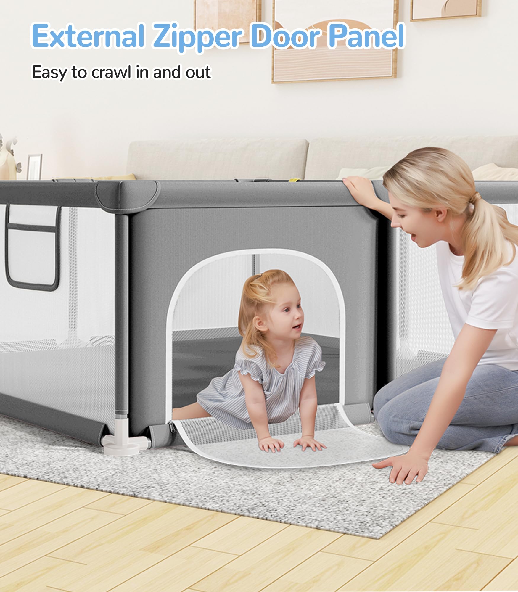 Dripex Baby Playpen, 47×47 Inch Small Playpen for Babies, Enhanced Safety Baby Play Yard for Indoor & Outdoor, Infant Play Pen with Soft Breathable Visible Mesh, Anti-Fall Design & Easy Setup, Grey