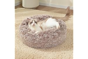 CATBOAT 20'' Calming Dog Cat Bed - Indoor Washable Donut Dog Bed with Fluffy Faux Fur Plush, Round Anti Anxiety Pet Bed, Warming Cuddler Cushion Bed for Small Medium Dogs and Cats Kittens Puppy, Brown