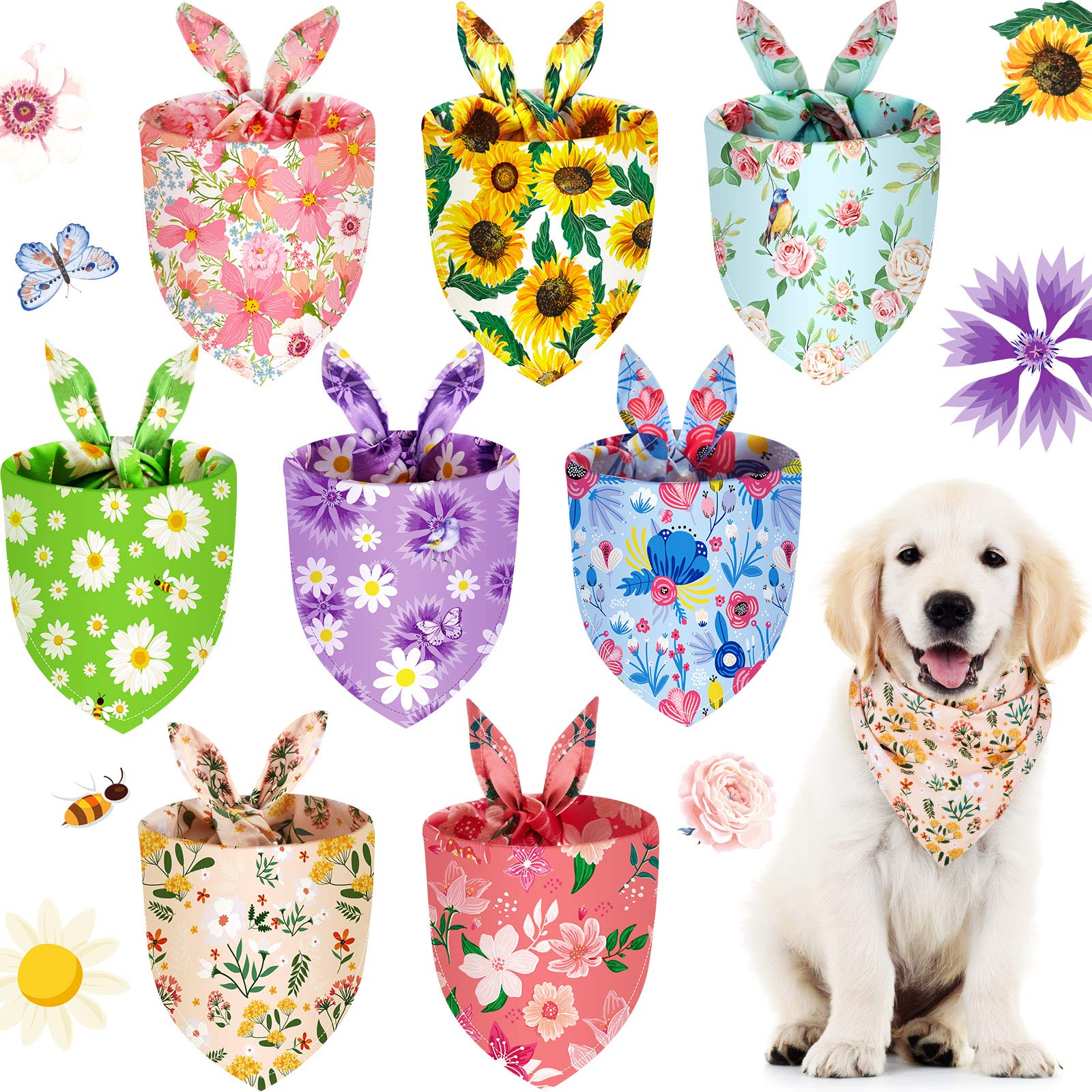 Weewooday 8 Pcs Spring Dog Bandana Floral Puppy Bandana Adjustable Washable Flower Triangle Bib Scarf Summer Cute Daisy Rose Pet Kerchief Costume Accessories for Small Medium Large Dog Cat Gift