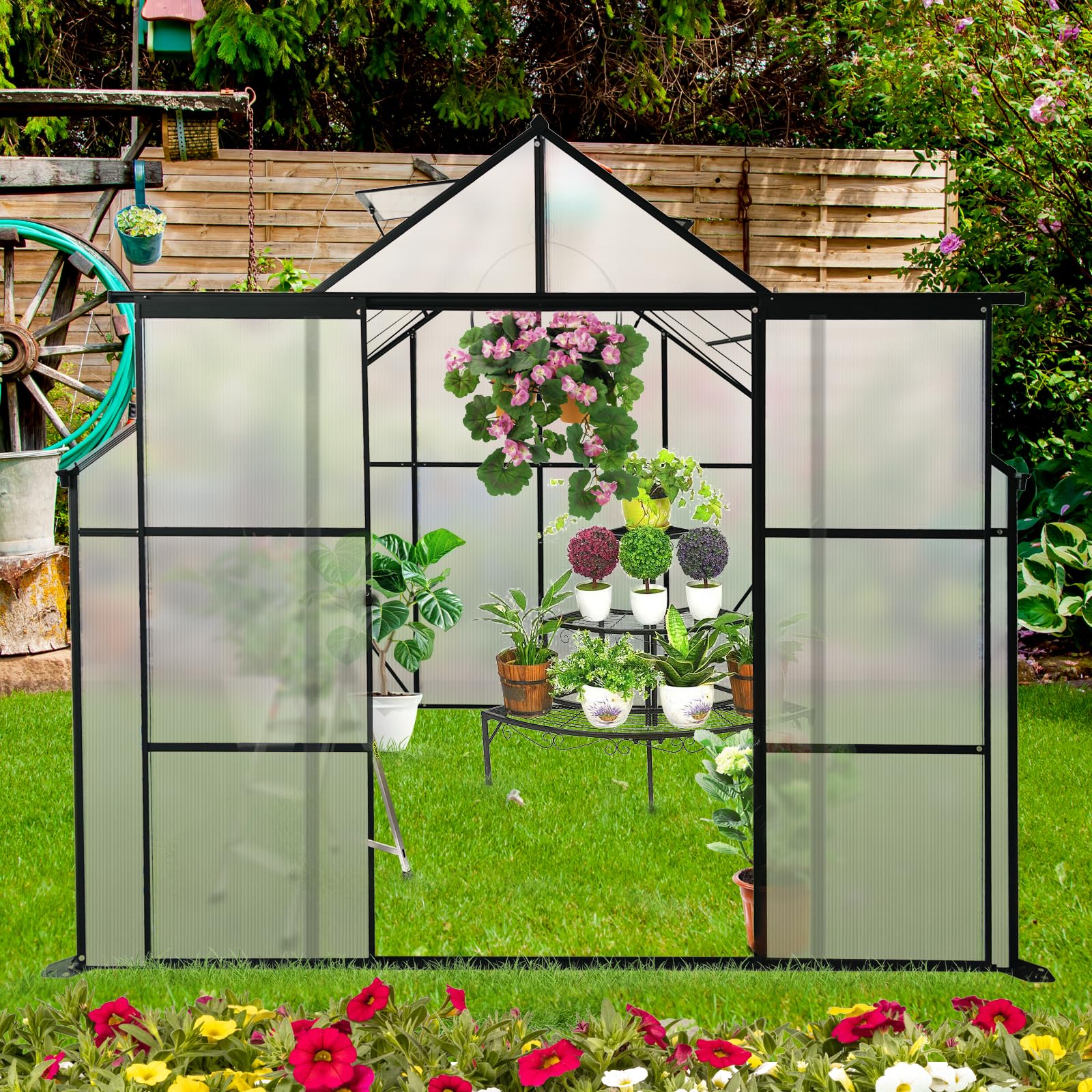 Photo 1 of **PARTIAL SET **Ball & Cast 8X8 FT Greenhouse for Outdoors,Double Sliding Door Polycarbonate Raised Plant Base with Drainage System & Galvanized Frame,Backyard Anchor Aluminum Heavy Duty Walk-in Green Houses,Black