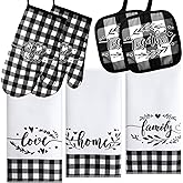 7 Pcs Christmas Black White Buffalo Plaid Kitchen Towels Checkered Kitchen Oven Mitts and Pot Holders Checkered Potholders Set Dish Towel Non Slip Farmhouse Decoration for Cooking Baking BBQ(Vintage)