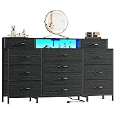Furnulem 63" W Dresser for Bedroom with LED Lights and Power Outlets,Black Large 12 Storage Drawers Long Fabric Chests Dresse
