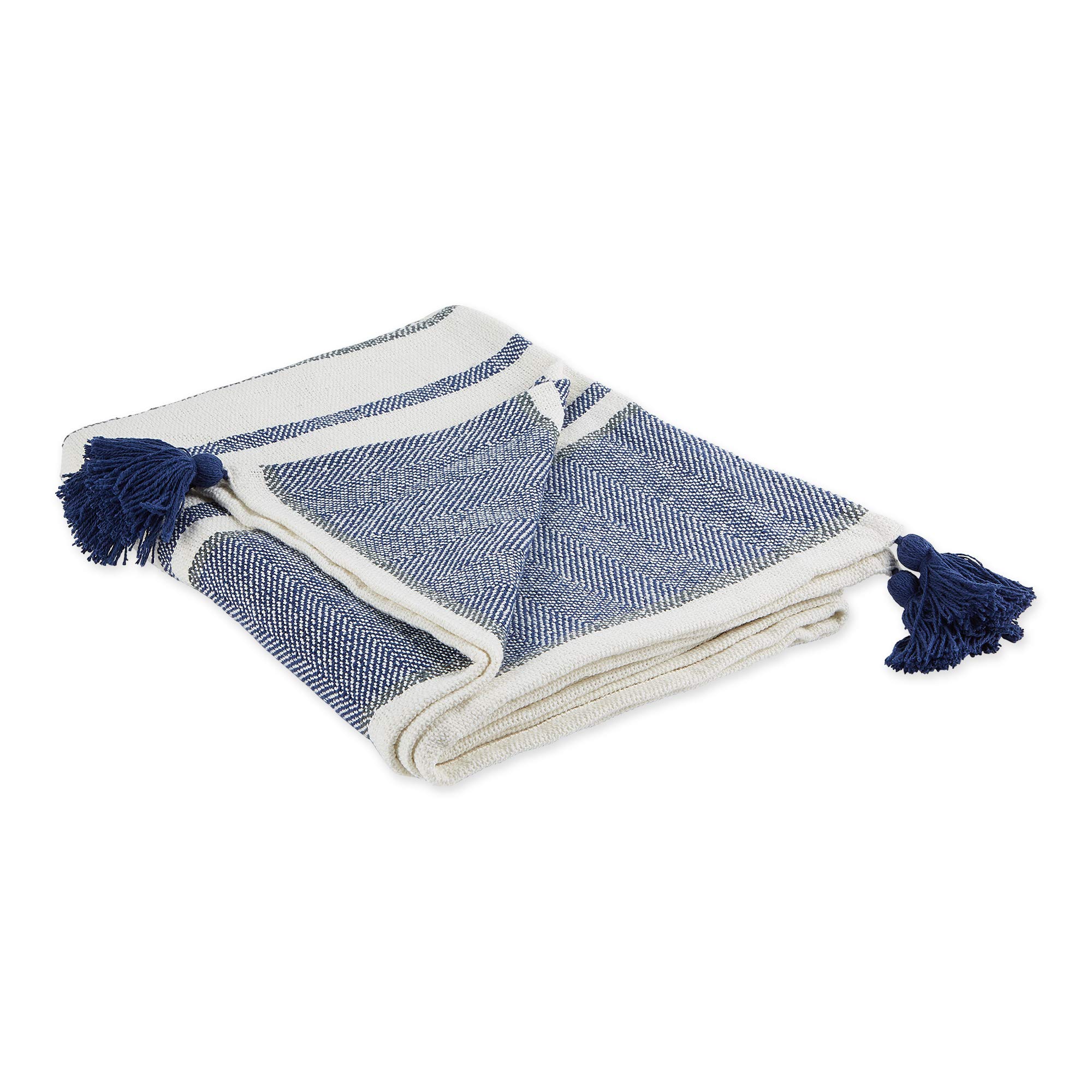 DII 2-Tone Chevron Stripe Woven Throw, Cotton, Navy, 50x60