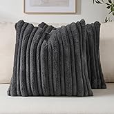FUTEI Charcoal Decorative Throw Pillow Covers 18x18 Inch Set of 2,Soft Fluffy Faux Rabbit Fur Thick & Thin Striped Textured Cushion Case,Modern Home Decor for Couch Bed Living Room