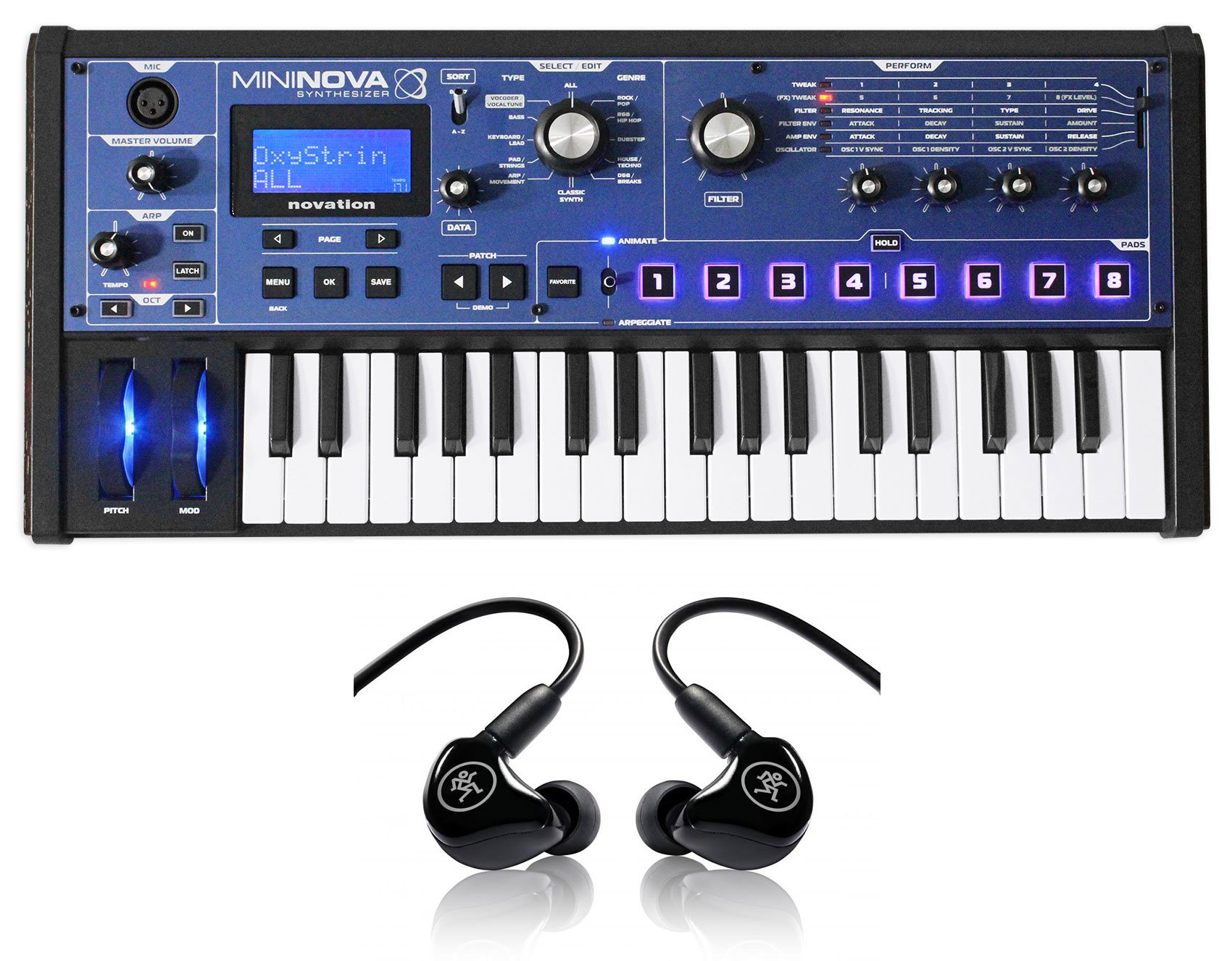 Novation MiniNova Live Sound USB Keyboard Synthesizer+Mackie InEar