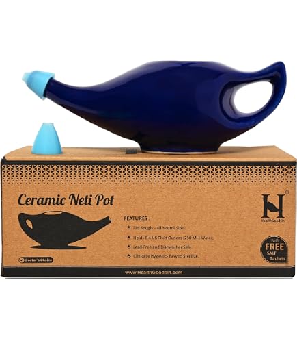 Pot Neti En Céramique Pour Lavage Nasal - 270 Ml, Avec 5 Sachets De Sel, Bleu (lavable Au Lave-vaisselle) - 3