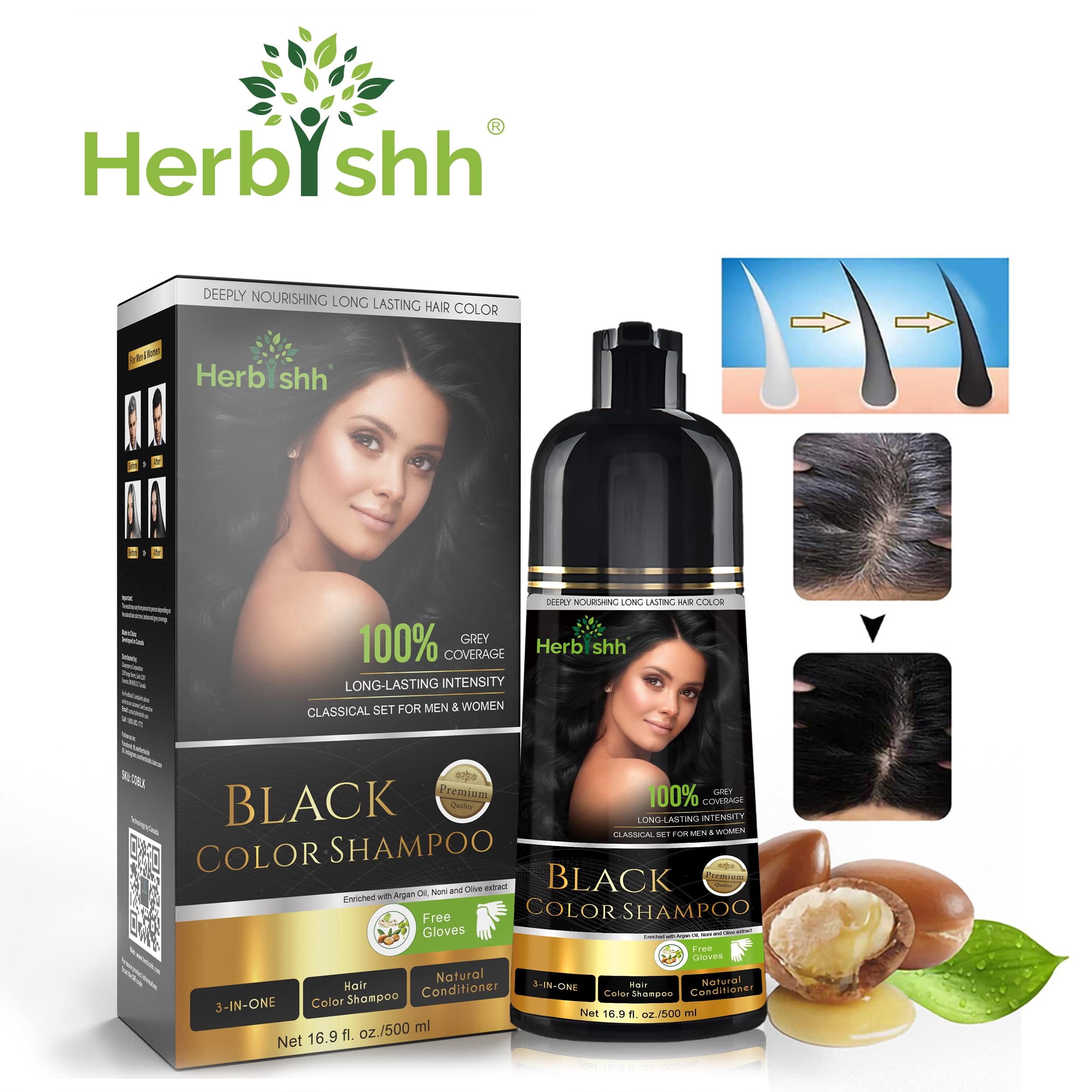 Herbishh Hair Color Shampoo for Gray Hair – Natural Hair Dye Shampoo – Colors Hair in Minutes – Lasts Up To 3-4 Weeks – 500ML – 3-In-1 Hair Color – Colors, Cleanses, and Conditions (Black)