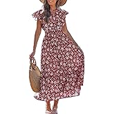 Benfoly Women's Summer Floral Midi Dress Smocked Waist V Neck Ruffle Sleeve Boho Tiered Sundress Casual Beach Vacation Outfit