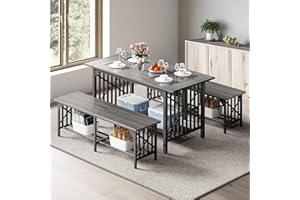 DWVO 3-Piece Dining Table Set for 4-6 People, 63" Dining Room Table with 2 Benches, Industrial Rectangular Dining Room Table Set with Storage for Kitchen, Dining Room, Grey