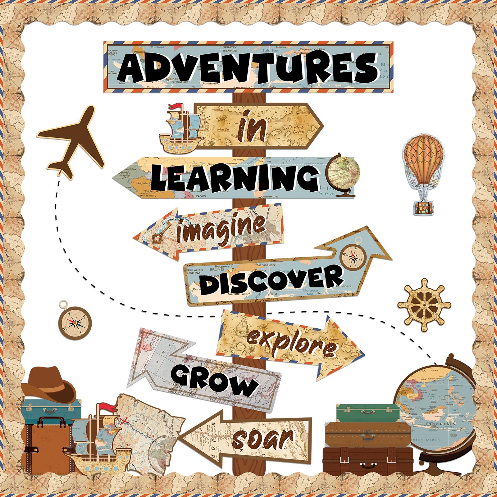 Photo 1 of ojustbeok Travel The Map Bulletin Board Let The Adventure Begin Cutouts Classroom Decorations Travel Theme Motivational Sign for Kids Let's Explore Voyage Bulletin Cutouts Vintage Classroom Decor
