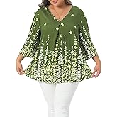 Agnes Orinda Women's Plus Size V Neck 3/4 Sleeve Top Boho Floral Summer t Shirt Tops Loose Fit Blouse Casual Vacation