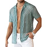 Csqopt Mens Floral Lace Shirt Hollow Out Sheer See Through Short Sleeve Casual Button Down Beach Shirts