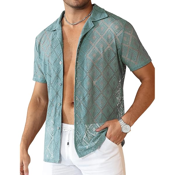 Amazon.com: WDIRARA Men's Floral Sheer Mesh See Through Button Up