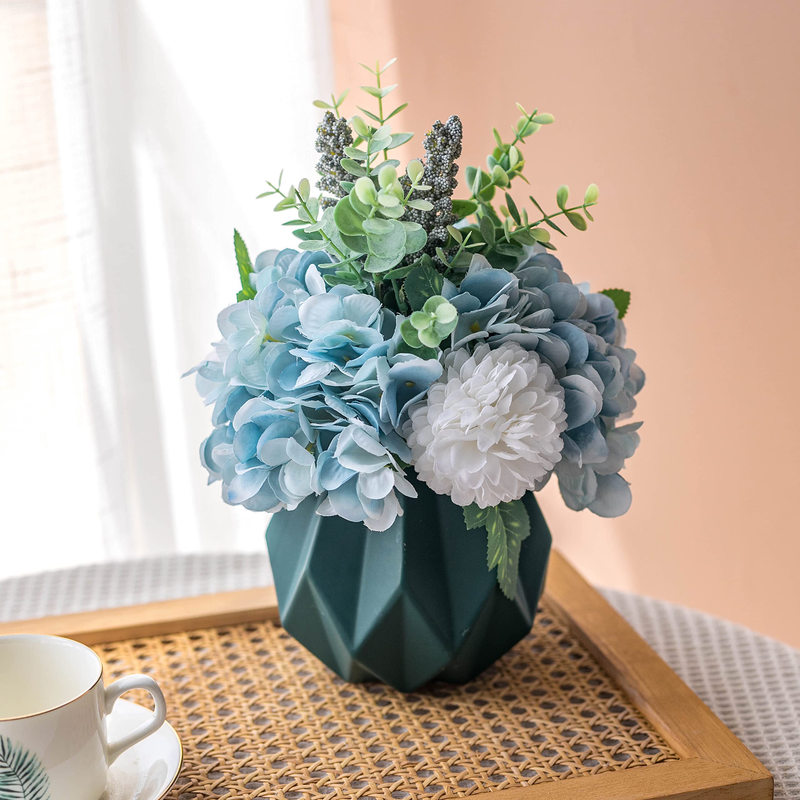 NAWEIDA Artificial Hydrangea Flowers with Vase, Faux Flower Arrangement in Ceramic Pot, Blue Fake Flowers for Home Decor, Table Centrepiece, Living Room Office Decoration — image 1