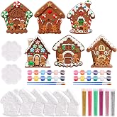Whaline 6 Set Christmas Ceramic Gingerbread House to Paint Craft Kit, Unpainted Xmas Village House Plaster Keepsake Statues with Palette Brush for Winter Holiday Party DIY Art Project Decor