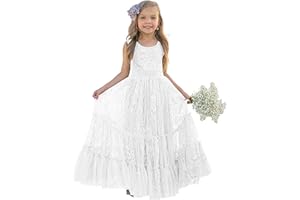 LalaMira Flower Girl Dress Lace Boho Toddler Dresses Ruffle Girl Dress for Wedding Garden Party Holiday Communion Sleeveless