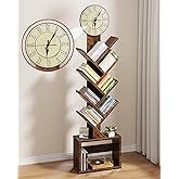 HIGDBFE 8 Tier Tree Bookshelf with Clock and Storage Cabinet, Small Narrow Floor Standing Bookcase for Bedroom, Living Room, 