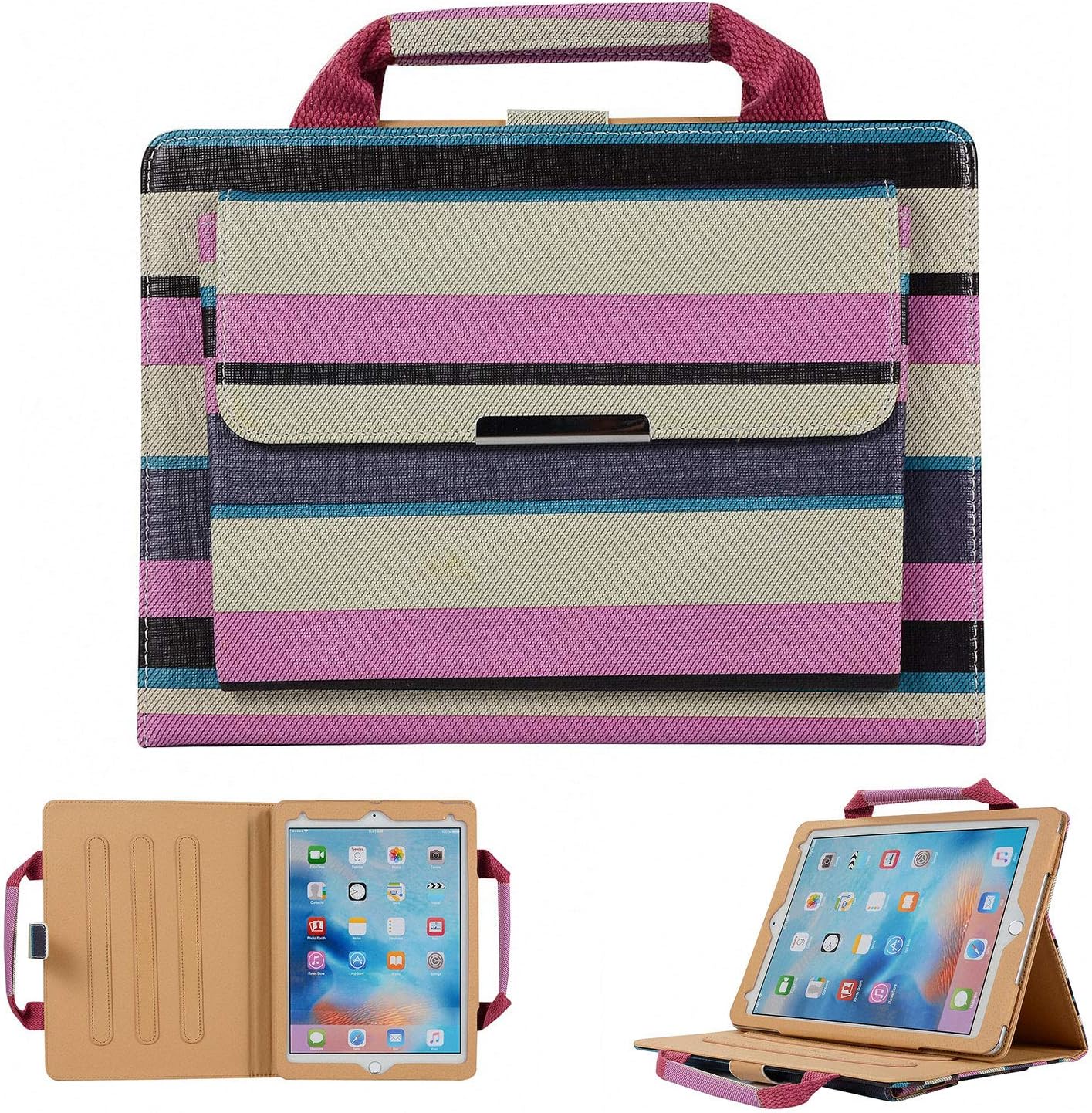 Universal iPad 9.7 Inch Case with Hand Strap, Cookk Slim Stripe Women Handbag Synthetic Leather Multi-Angle Stand Pocket Cover with Auto Sleep/Wake for iPad 9.7 201/2017,iPad Air 2/1,Pro 9.7, Pink