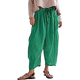 DURUNUL Women Summer Striped Harem Pants Casual Baggy Wide Leg Tapered Trousers Drawstring Waist Palazzo Pants with Pockets Green