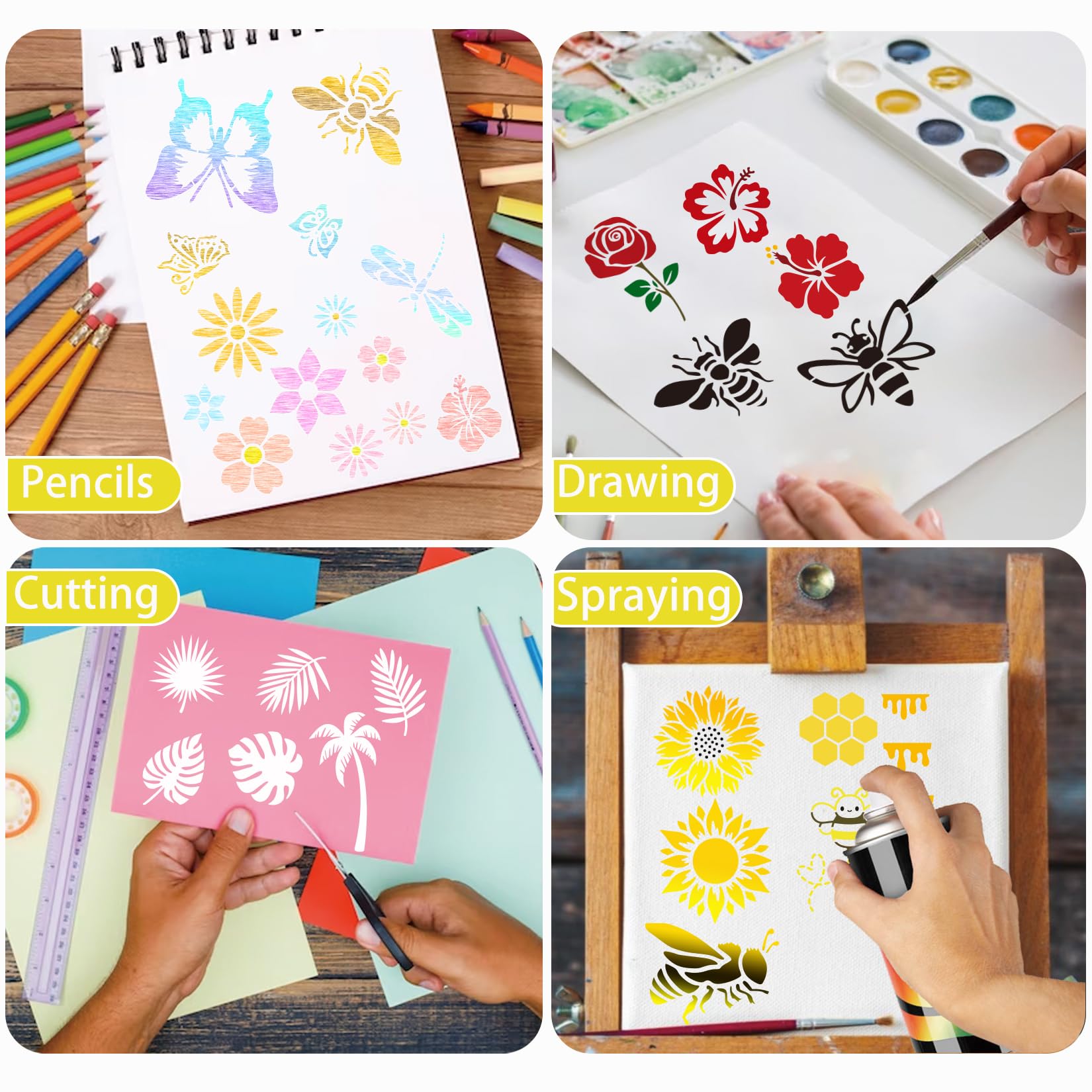 Nature Flower Stencils for Painting on Wood Crafts Reusable Plant Sunflower Leaf Butterfly Stencil Art Paint on Wall Canvas Pattern Paint Stencils for Card Making Fabric Shirt (15 Sping)