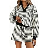 Opemiby Women 2 Piece Outfits Striped Collared V Neck Long Sleeve Sweatshirt and Skort Matching Lounge Set