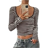 SOLY HUX Women's Striped T Shirt Scoop Neck Long Sleeve Tee Slim Fit Going Out Crop Tops