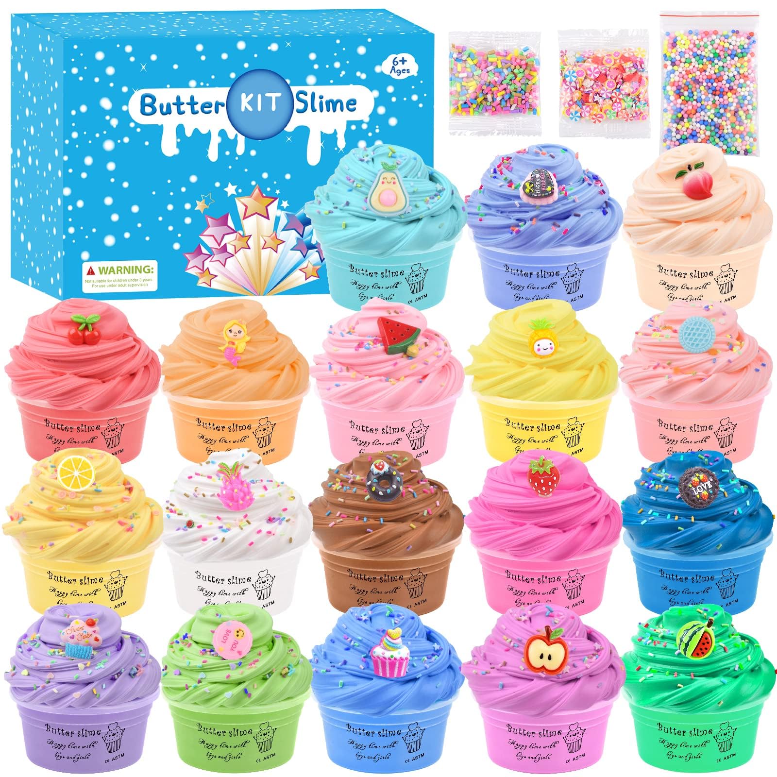 18 Pack Super Soft Butter Slime Kit, with Candy, Ice Cream, Fruit, Cute Fun Charms, Scented Slime Party Favor Gifts for Girls and Boys, DIY Putty Toys for Kids