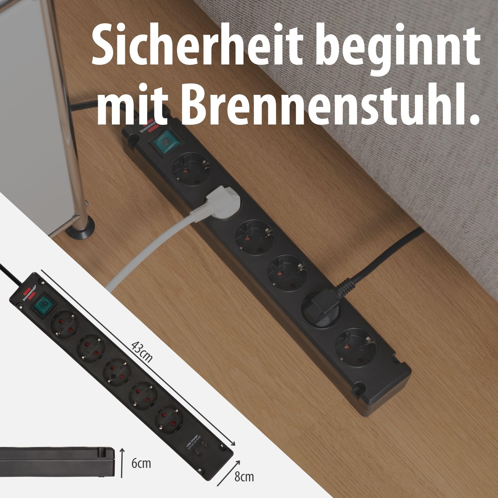 Brennenstuhl Bremounta Steckdosenleiste 6-Fach mit Schalter (Mehrfachsteckdose mit 90 Grad Steckdosen, Steckerleiste mit Befestigungsmöglichkeit und 3m Kabel) schwarz 6