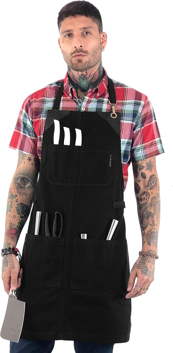 Under NY Sky Knife-Roll Ebony Black Apron – Heavy-Duty Canvas, Leather Reinforcement – Adjustable for Men and Women – Pro Chef, Barbecue, Butcher, Bartender, Woodworker, Tool Aprons