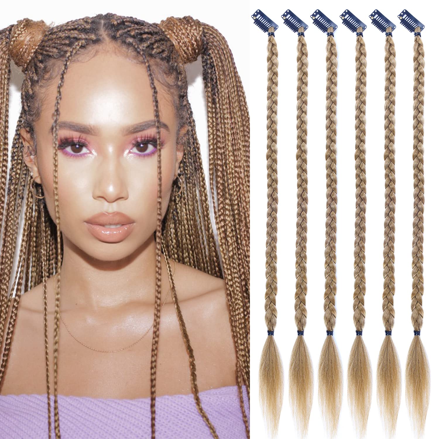 Photo 1 of Braid Hair Extensions 6 Pcs Baby Braids Front Side Bang Long Braided Ponytail Extension 18inch Clip in Hair Extensions Straight Synthetic Hairpieces Soft Hair (Golden Blonde Mix Bleach Blonde)