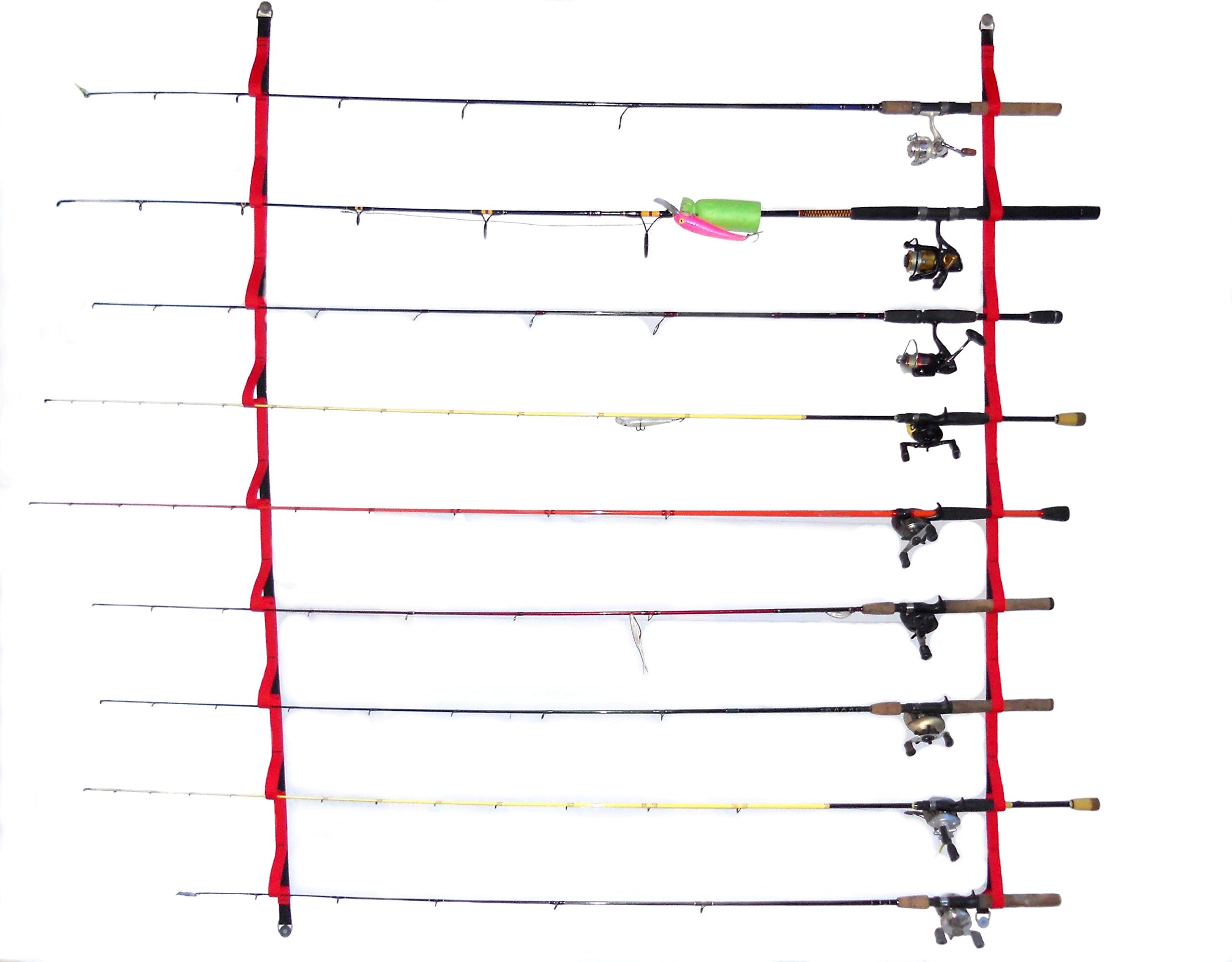 Overhead or Wall Fishing Rod Rack, Rod Storage System suspends Your rods in Soft Webbing Loops Protecting Your Equipment’s Finish. The 72”Version has 9 Positions 46”has 6. Hardware Included