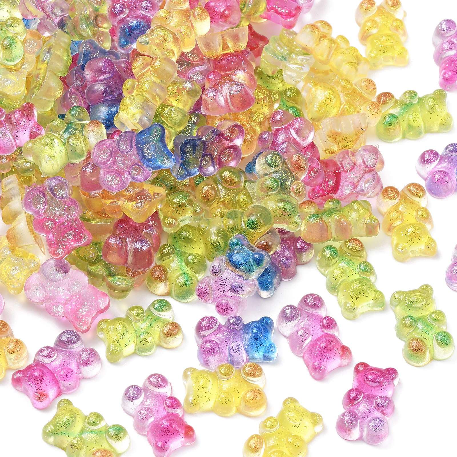 UR URLIFEHALL 100 Pcs Resin Gummy Bear Cabochons Glitter No Hole Beads Animal Flatback Cabochons for Jewellery Making Craft Phone Case Decor