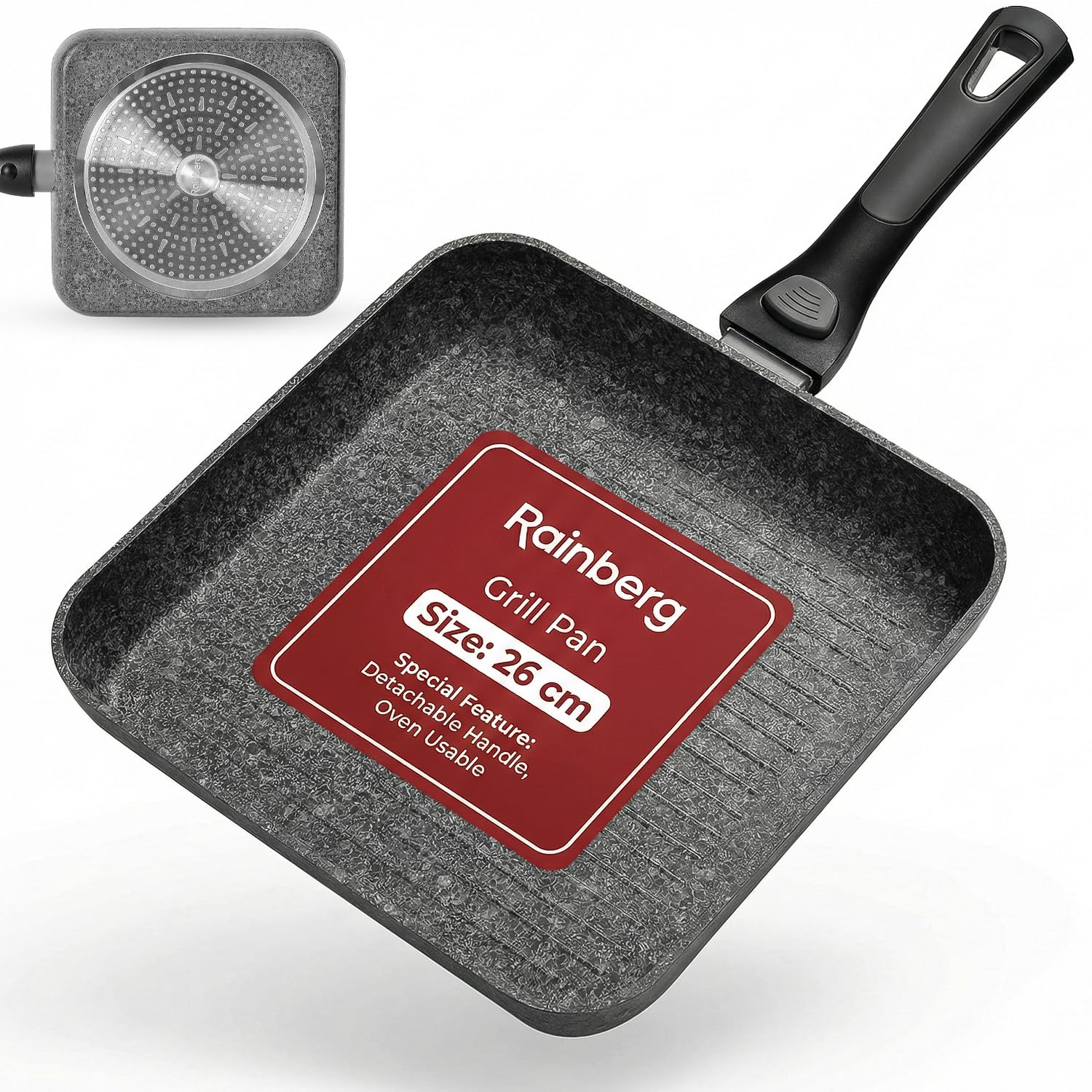 Rainberg 26cm Granite Grill Pan with Detachable Handle – Non-Stick Coating, Griddle Pan for Induction Hob, Oven Safe, Scratch Resistant Surface, Even Heating