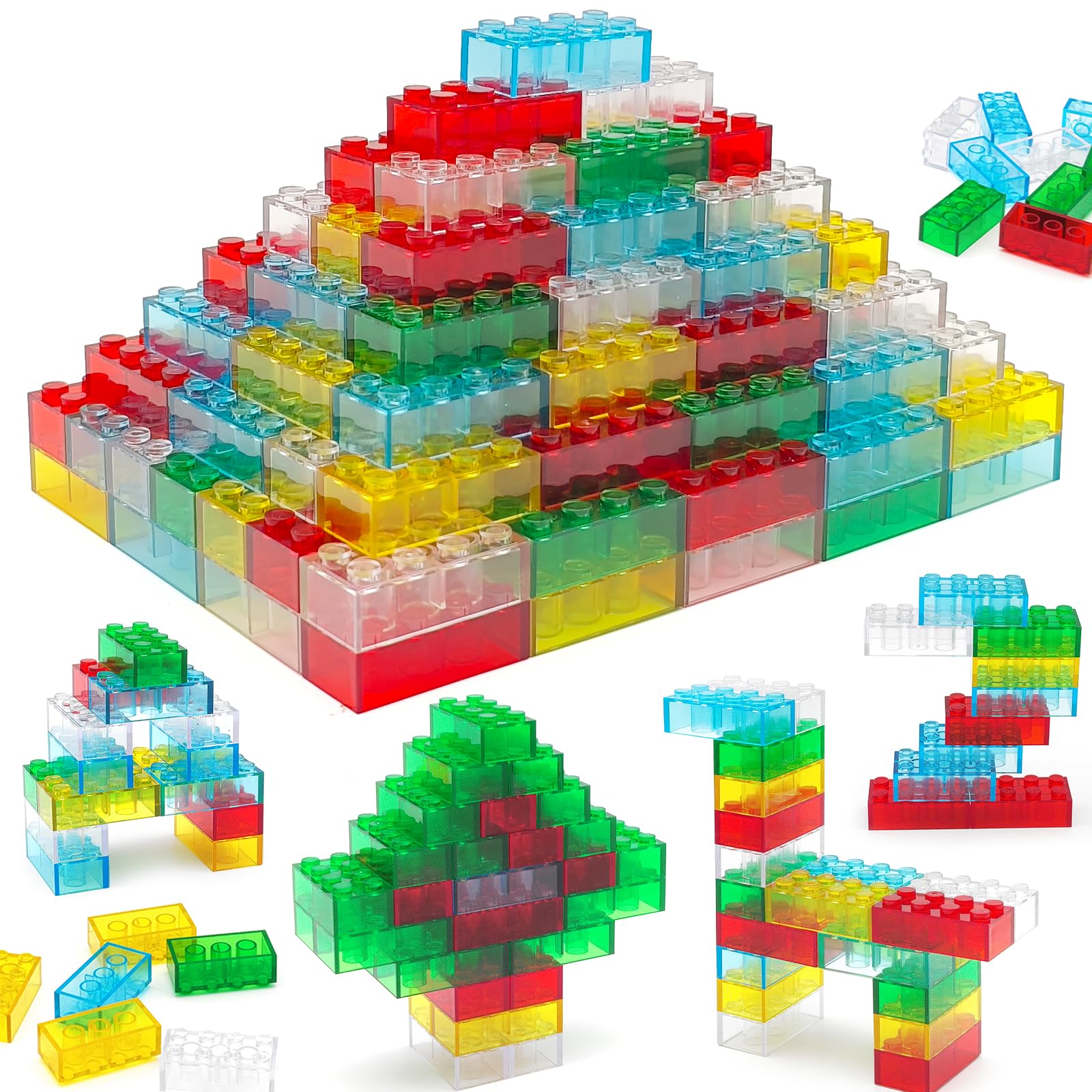 Photo 1 of 150 Pieces 2x4 Translucent Building Bricks -5 Colors Crystal-Clear Classic Block Toy Fully Compatible with Major Brands Educational Construction Toy for Boys Girls 6 Years Old and Up (Multicolor 150)