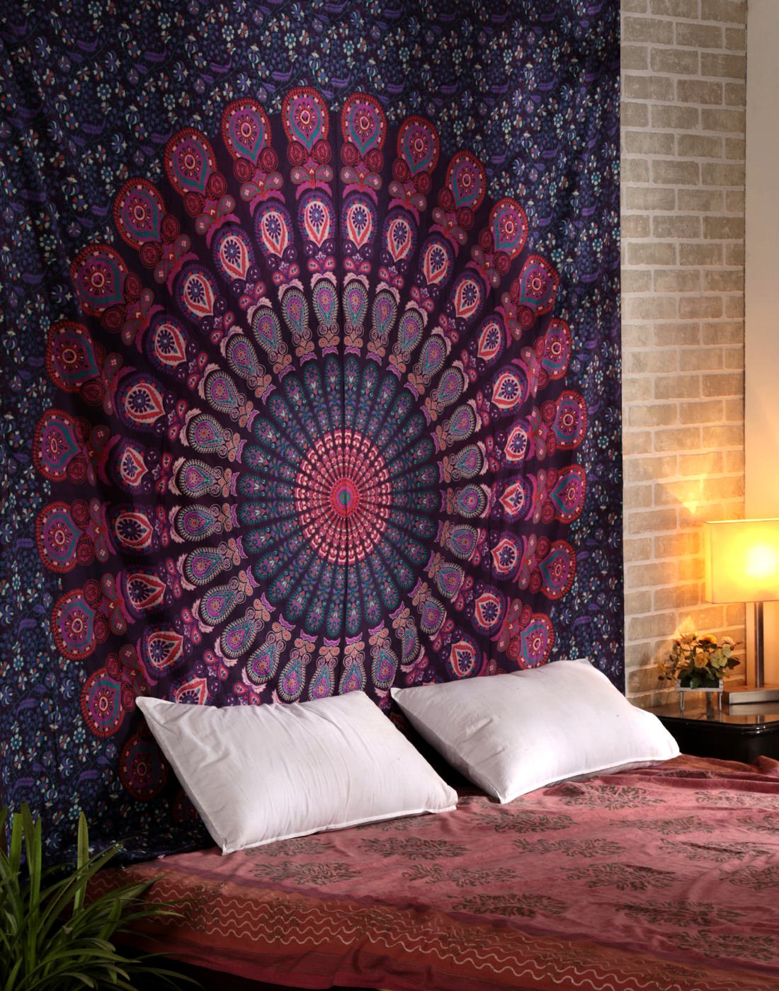 RAJRANG Peacock Mandala Tapestry Wall Hanging Large Cotton Aesthetic Tapestries for Bedroom 230x274 cm Boho Hippie Indian Beach Throw Blanket Decor Pink Purple