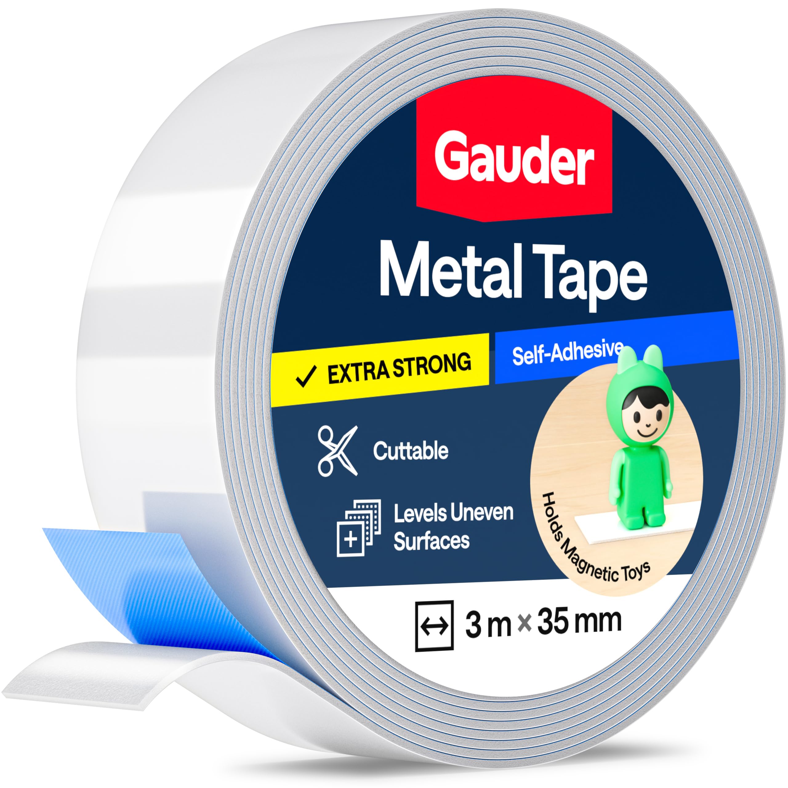 GAUDER Self-Adhesive Metal Tape - Ideal for Tonie® Figures & Shelves - Holding Surface for Magnets - Ferrous Tape with Foam Adhesive - Thin Metal Steel Strip (3 m x 35 mm)