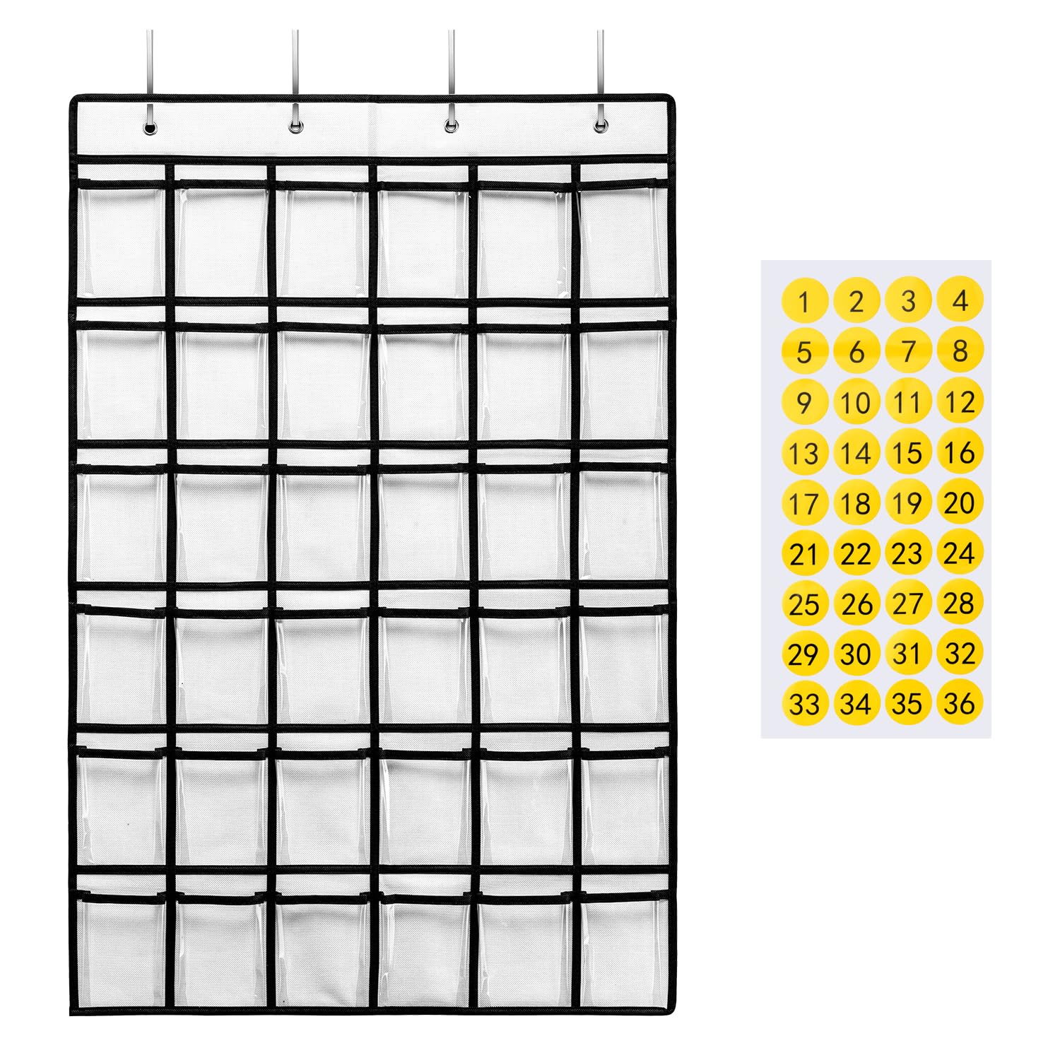 SAVERHO 36 Clear Pockets Classroom Pocket Chart for Cell Phones, Pocket Chart for Calculator Phone Holder with 36 Number Stickers and Hooks (White)