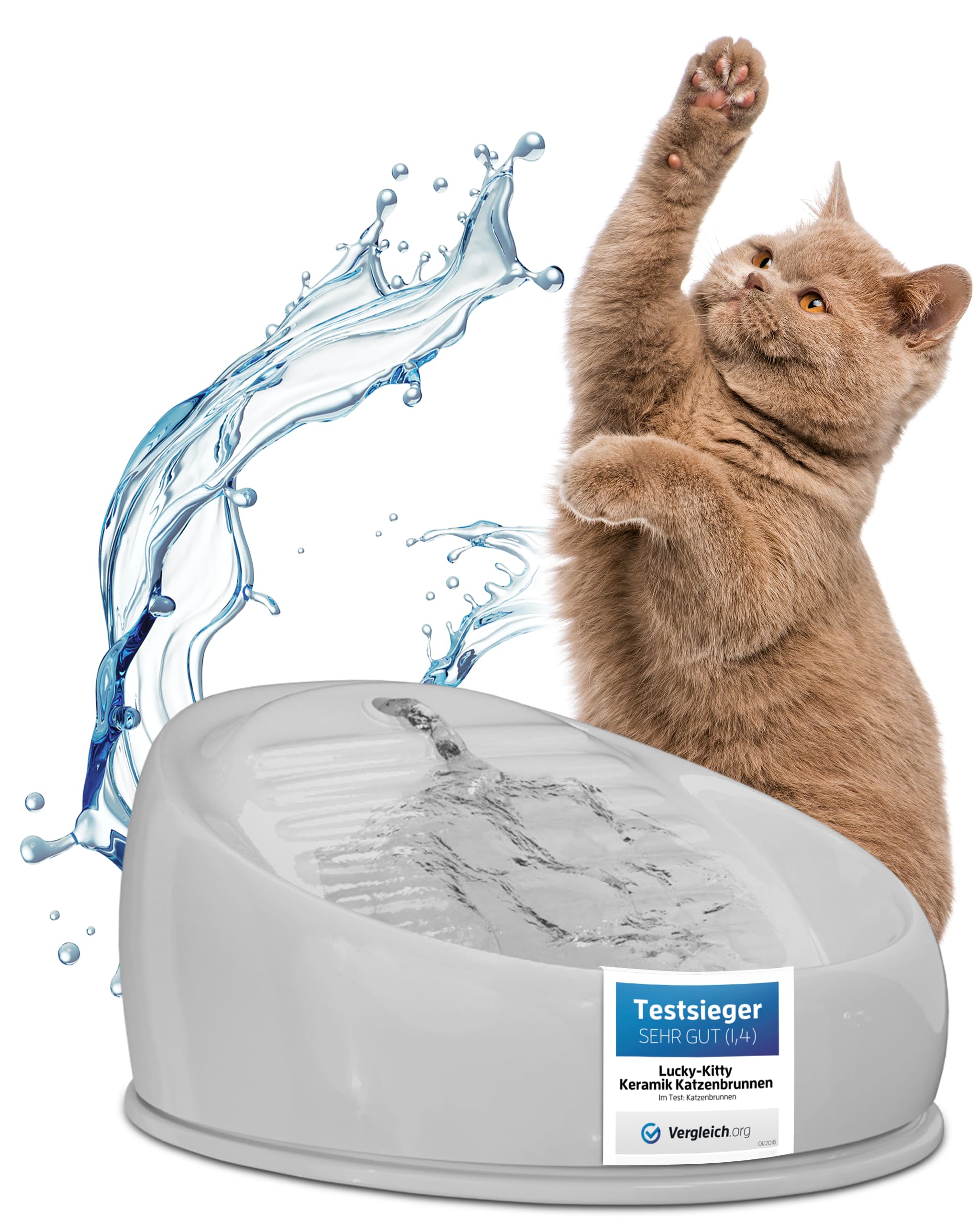Lucky-Kitty Trinkbrunnen für Katze grau I Katzenbrunnen Keramik Handarbeit, hygienisch I Kein Aufladen, kein Filter-Tausch I Trinkbrunnen leise & energiesparend I Wasserspender Katzen plastikfrei