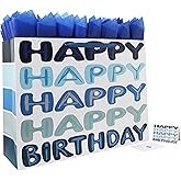 Qirrmiy 31 x 23 Inch Extra Large Blue Happy Birthday Gift Bag Set with Handles, Greeting Card, Tissue Papers and Stickers, Oversized XXXL Big Gift Bag for Men Boys Kids Teens, Words Design, 1 Pcs
