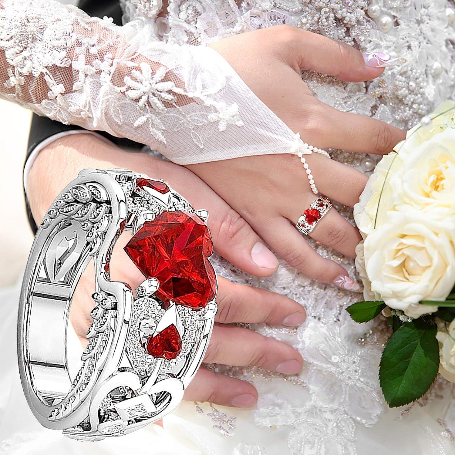 Valentine Rings Women Girls Red Diamond Love Heart Rings