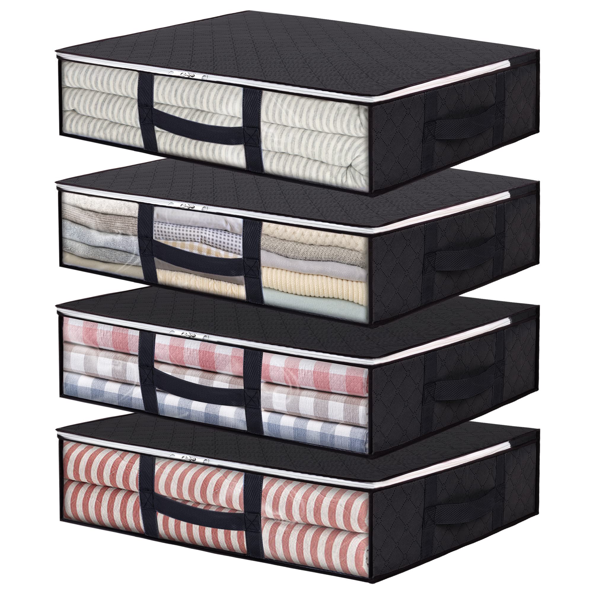 Vieshful 4 Pack Underbed Storage Bags 40L Foldable Clothes Bag Large Capacity Storage Containers with Clear Window Reinforced Handles Zippered Organizer for Comforters Blankets Bedding, Black