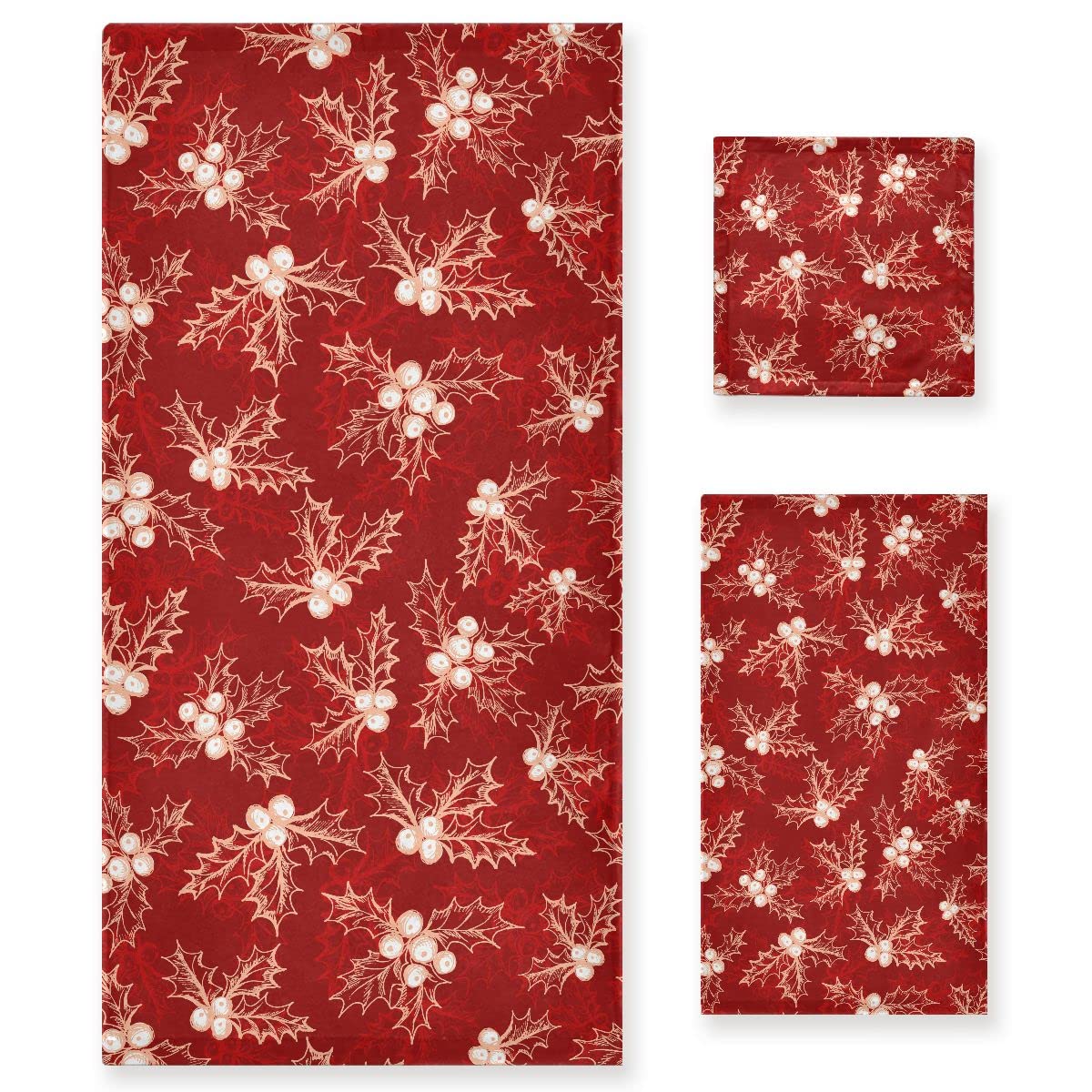 ALAZA Bath Towels Set of 3, Microfibre Towel Bathroom Linen Christmas Holly Berry Towels Set Gift with 1 Face Towel 1 Hand Towel 1 Bath Towel Sheet, Absorbent Bathroom Accessories