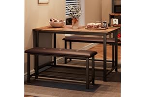 IDEALHOUSE Dining Table Set for 4, Kitchen Table with Upholstered Bench, Rectangular Dining Room Table Set with 2 Benches, 3 Piece Kitchen Table Set for Small Space, Apartment, Studio, Rustic Brown