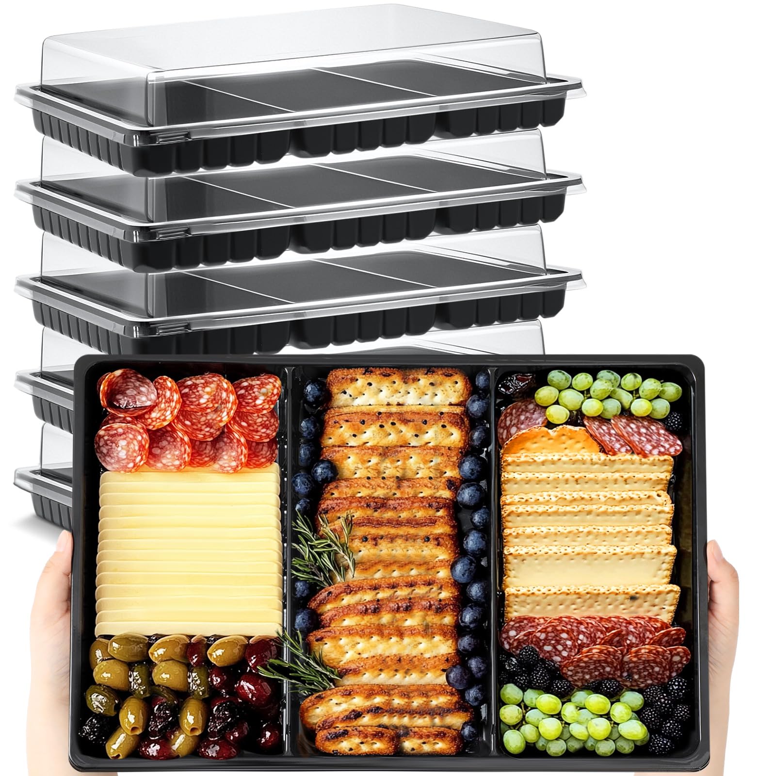 Photo 1 of Shellwei 5 Pack 3 Compartments Extra Large Divided Charcuterie Board with Lid Travel Catering Serving Trays 15 x 10 Inch Reusable Plastic Tiramisu Trays Serving Platter for Picnic Party (Black)