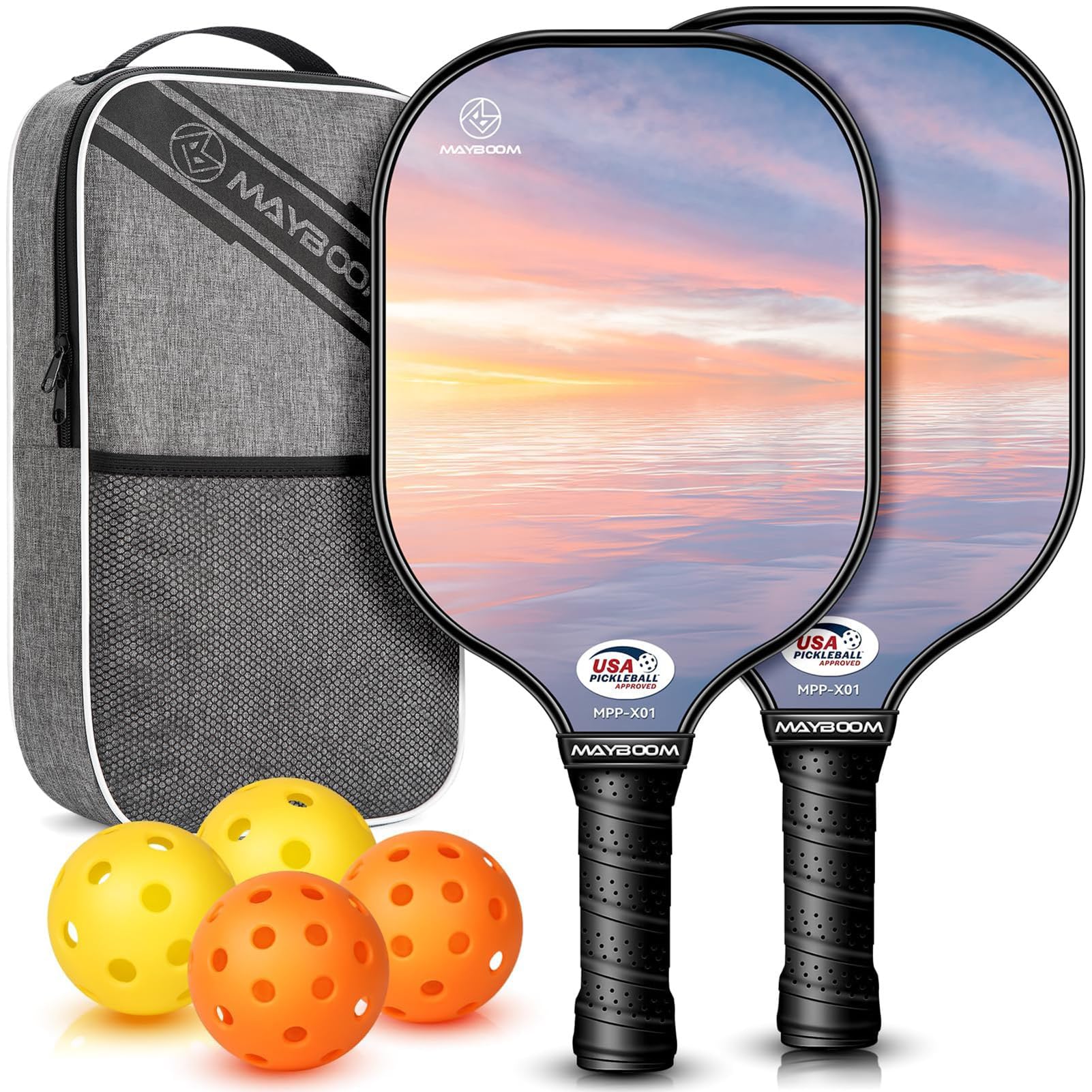 Photo 1 of Pickleball Paddles Set of 2 or 4, USAPA Approved Pickleball Paddles Set with 4 Pickleball Balls and Pickleball Carry Bag, Fiberglass Pickle Ball Rackets 2 Pack Gifts for Beginners&Pros(Sunglow 2)