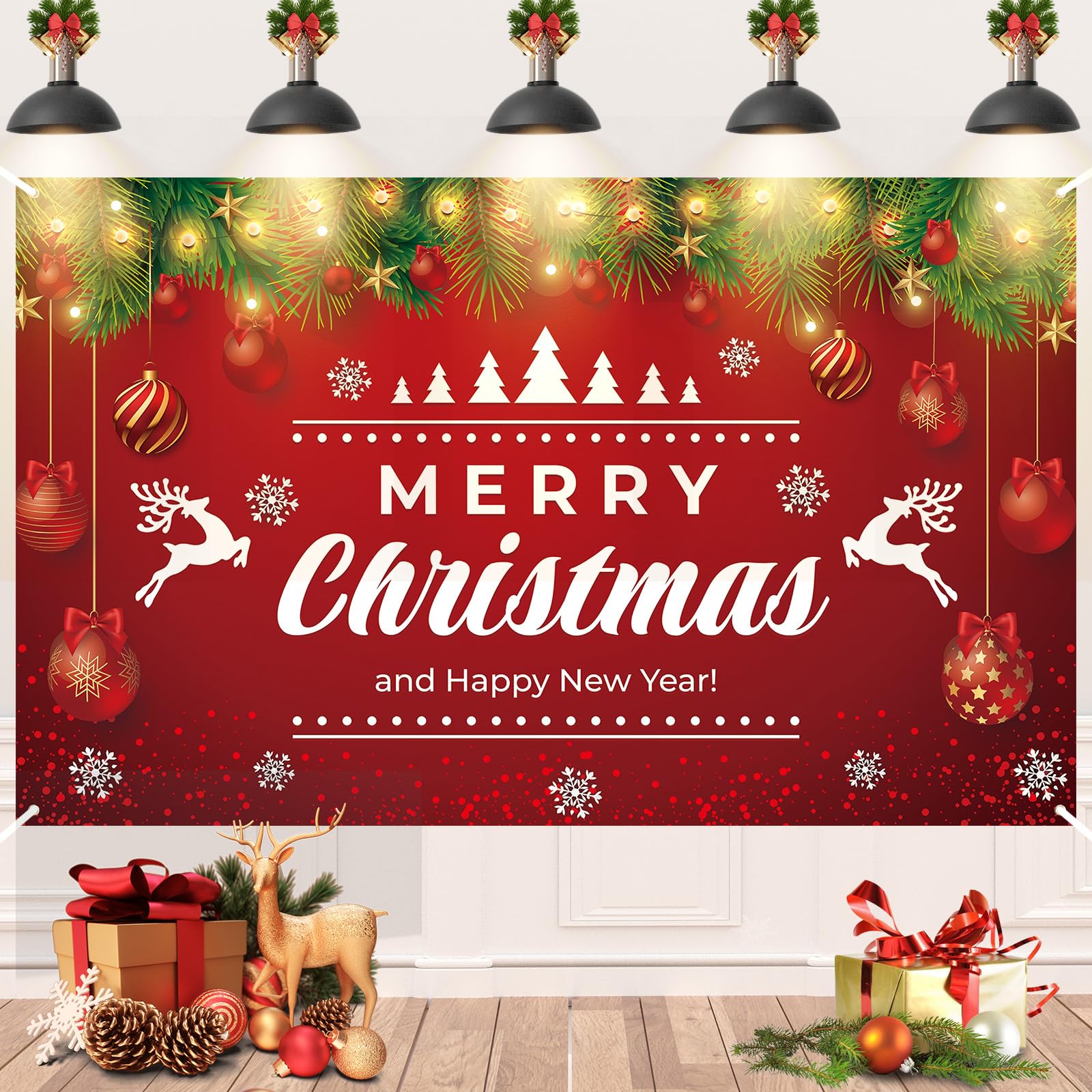Christmas Backdrop Banner, Large Merry Christmas Banners, Fabric Red Elk Christmas Banner Photo Booth Sign Background, Xmas Happy New Year Hanging Banner for New Year Christmas Party Decorations