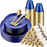Hioasis 175pcs Blue Gold Plastic Plates - Blue Plastic Dinnerware Set Includes 25 Dinner Plate, 25 Dessert Plate, 25 Cups, 25 Napkins Perfect for Christmas & Party