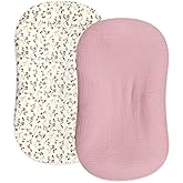 Hooyax Muslin Baby Lounger Cover 2 Pack, Organic Removable Lounger Slipcover for Newborn, Baby Padded Lounger Infant Floor Seat Covers for Boys Girls (Flesh Pink & Floral)