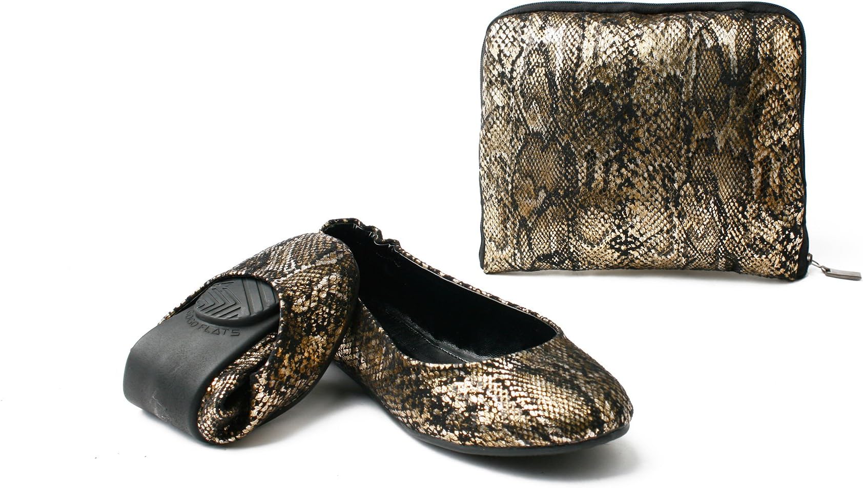 GOGOflats Women's Synthetic Leather Foldable Ballet Flats With Carrying Case M (7.5-8) Black Gold